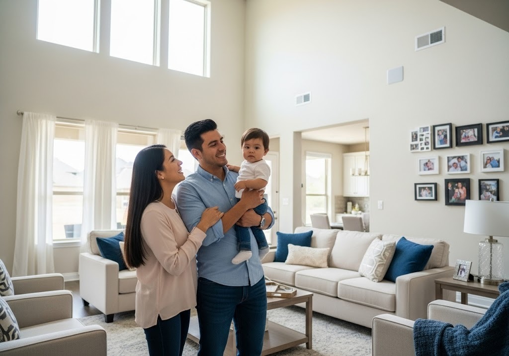 family in living room - buy owner financing homes in Texas