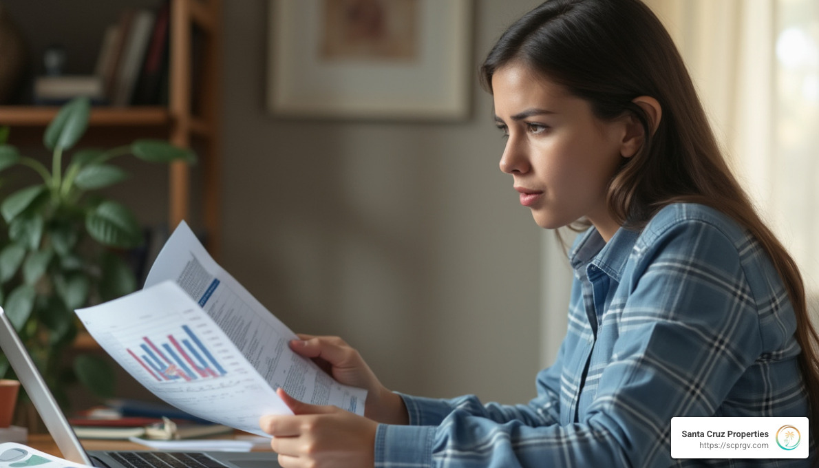 A person reviewing credit reports and financial documents at a desk to improve credit scores before buying land - how to buy land with bad credit