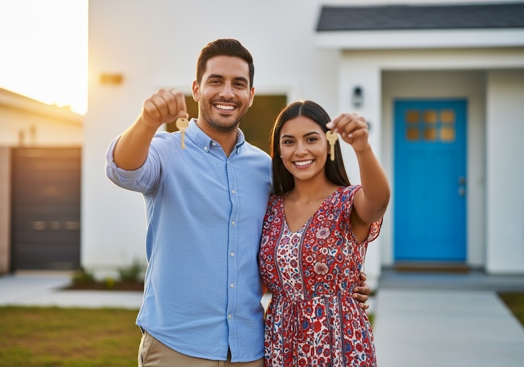 man and woman with house keys in front of house - Owner Financing Homes With Bad Credit