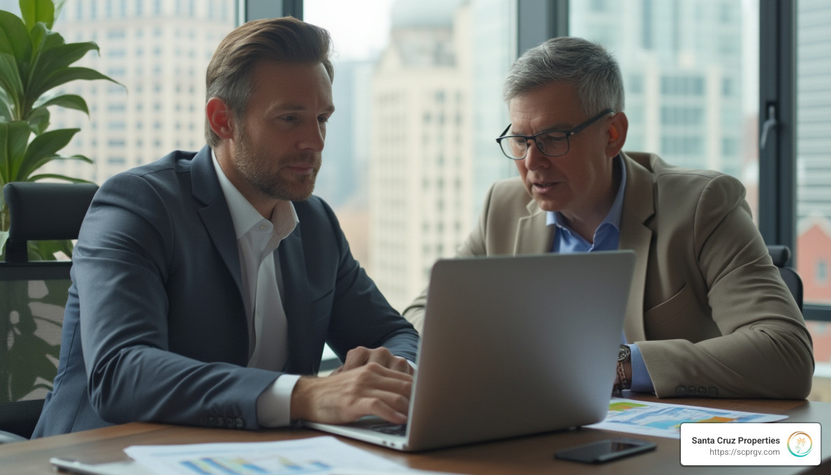 A financial advisor discussing owner-financed interest rates with a client using a laptop - owner financed interest rates