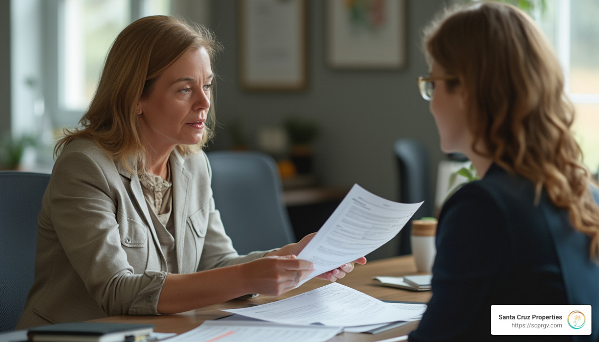 A land seller explaining financing terms to a female buyer, demonstrating the negotiation aspect of owner-financed deals - buy land owner financing