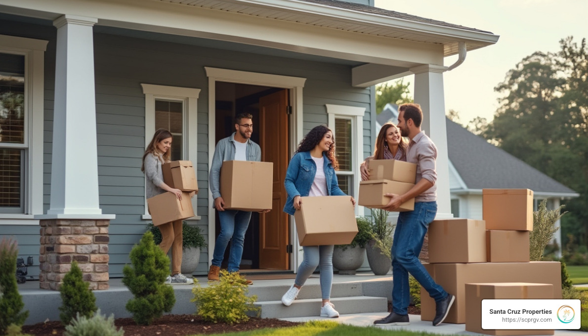 Family moving into a new home with boxes around, showcasing the result of a successful owner financing deal - how does owner finance work on a home