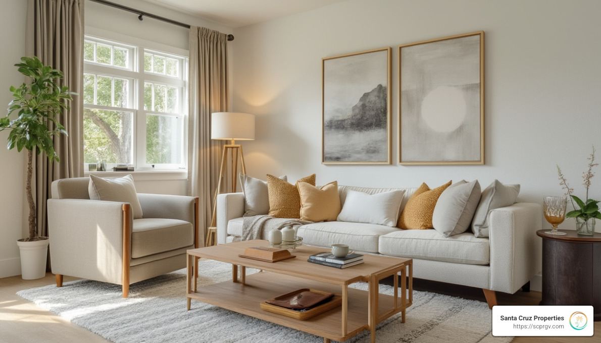 Beautifully staged living room with neutral decor, bright lighting, and modern furniture showcasing an inviting home interior - steps to sell a house quickly