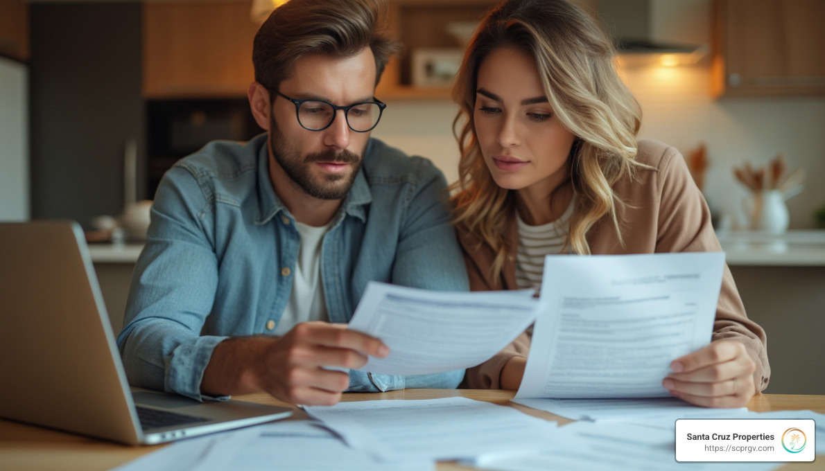 young couple reviewing mortgage documents at a kitchen table - home buying process for beginners