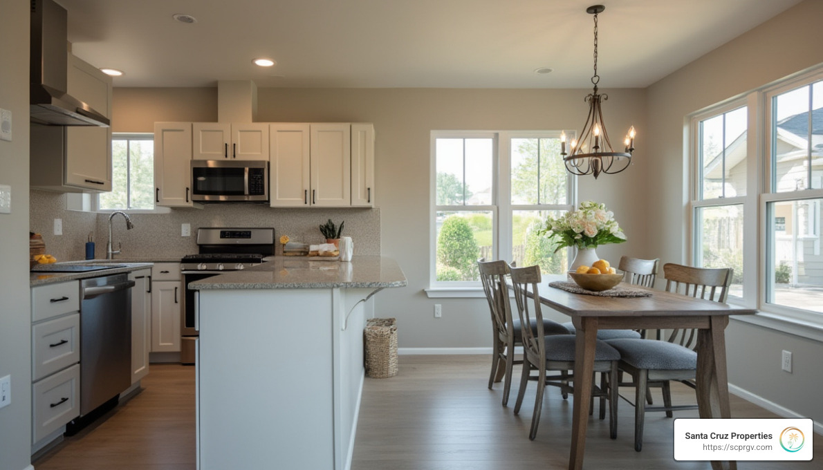 Bright, modern kitchen and dining area in a newly purchased home with sleek countertops, stainless steel appliances, and ample natural lighting - home buying process for beginners