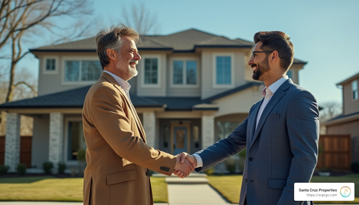 Real estate investor shaking hands with a property owner in front of a newly purchased home in Houston - Real estate investments Texas