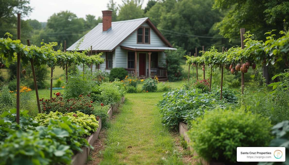 Realistic photo of a small-scale hobby farm featuring vegetable gardens, fruit trees, and a cozy farmhouse in the background, illustrating how a half-acre can be efficiently used. - how much land do i need to build a house?