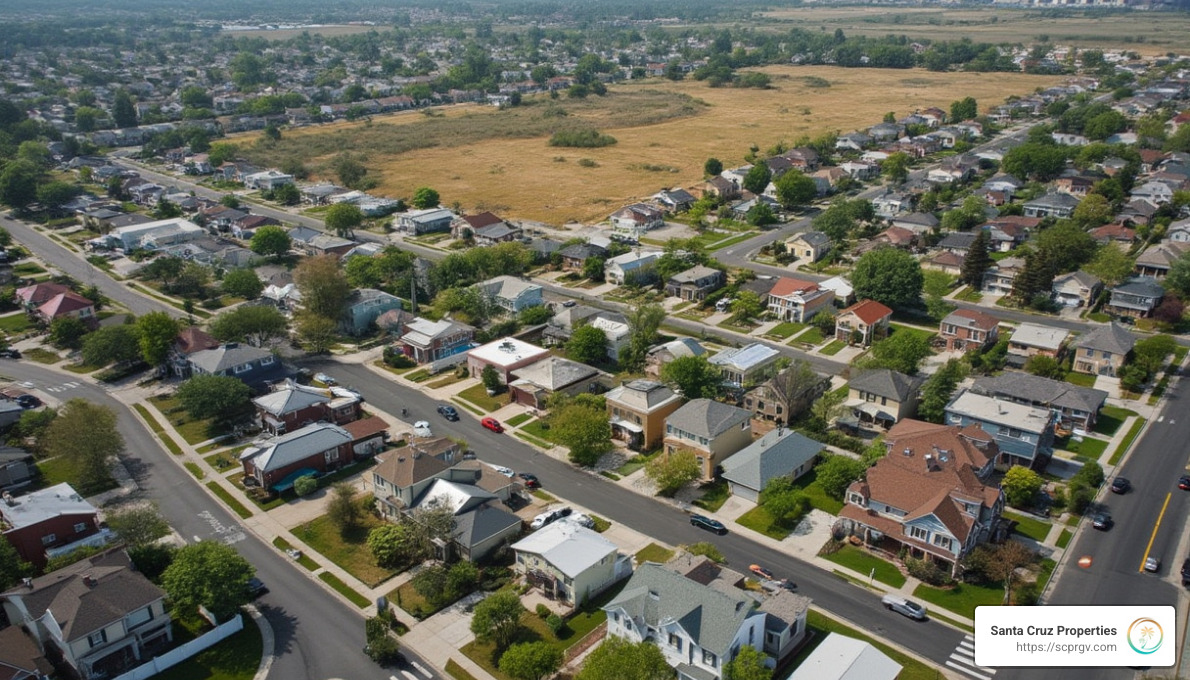 Aerial view of diverse real estate properties, including residential homes, commercial buildings, and open land - Real Estate