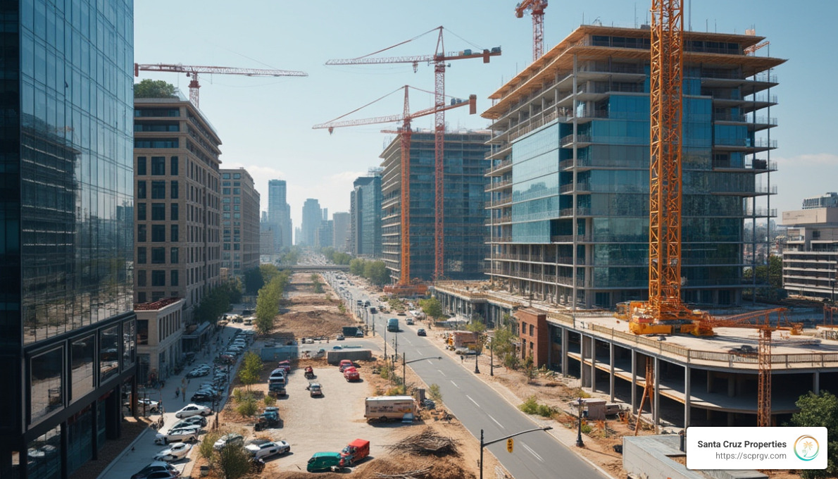 Busy commercial area with visible infrastructure like roads, utilities, and buildings under construction - how to buy land for a commercial building