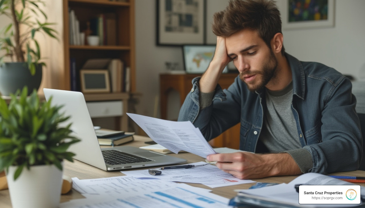 A person reviewing credit reports and financial documents at a desk, representing strategies to improve credit scores before buying land - how to buy land with bad credit