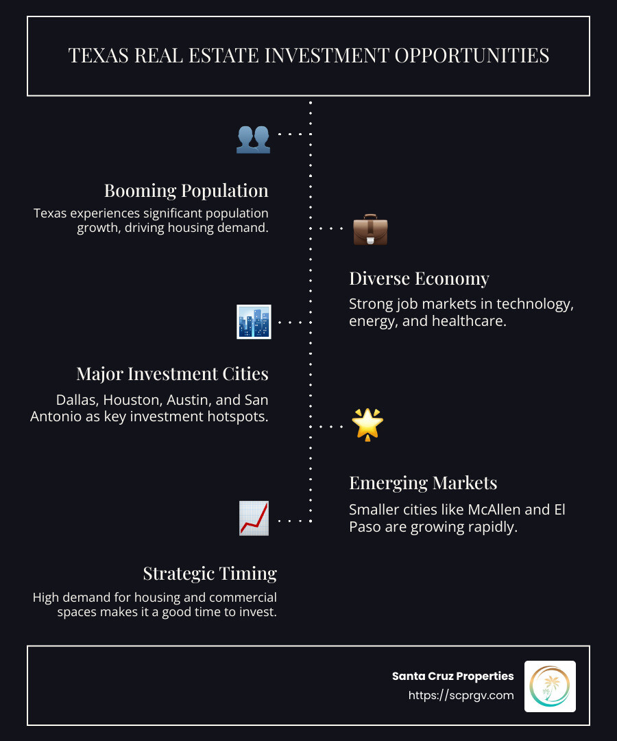 Infographic detailing the growth of Texas real estate, showcasing key cities, economic indicators like job growth, population statistics, and emerging markets, highlighting investment opportunities - Real estate investments Texas infographic infographic-line-5-steps-dark