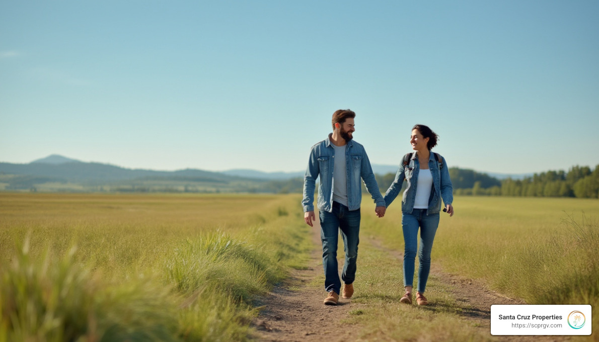 A couple walking on a spacious piece of land, showcasing the dream of land ownership made possible by flexible financing - owner carry land