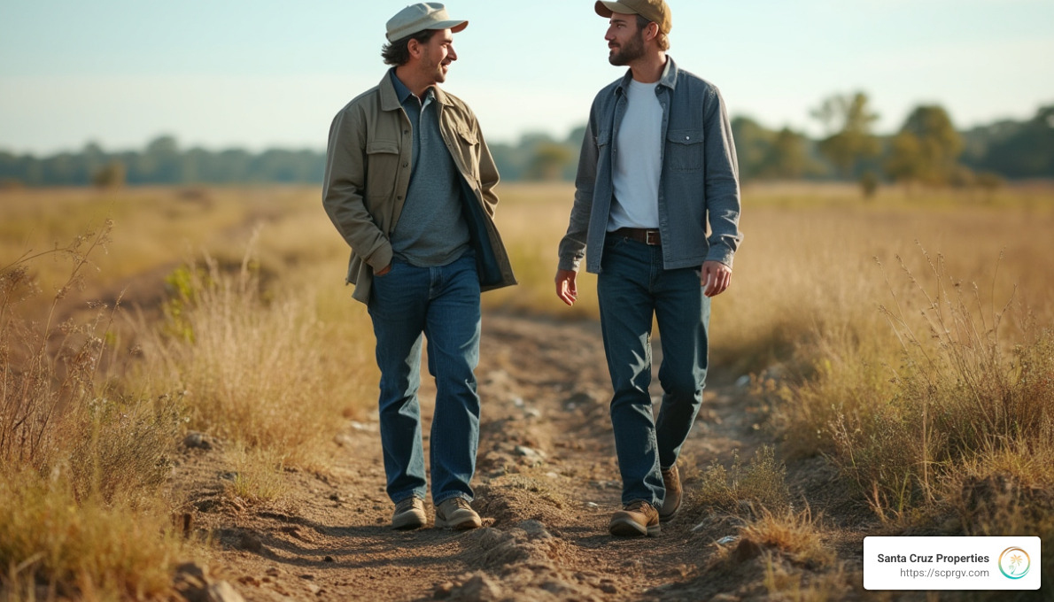 Real estate agent and a buyer walking on a large undeveloped property - how to buy land with bad credit