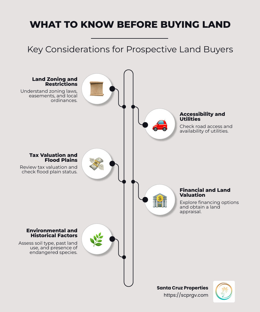 Infographic highlighting key considerations when purchasing land: budget, land type, environment, restrictions, access, utilities - what to know before buying land infographic infographic-line-5-steps-neat_beige