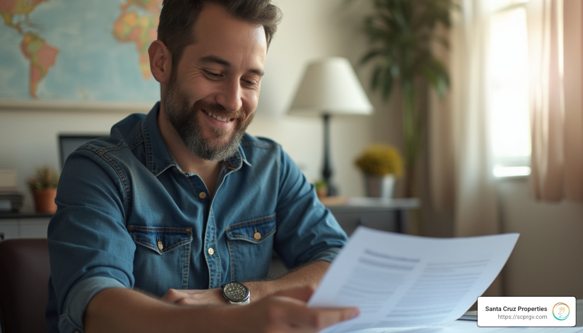 A small business owner reviewing land financing documents with a relaxed expression, highlighting the ease of seller-financed land purchases - buy land owner financing