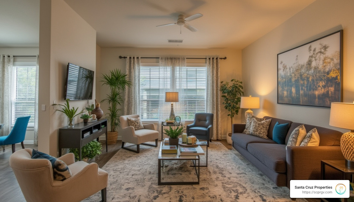 Beautifully staged rental property interior in Austin with contemporary furnishings and warm lighting - Real estate investments Texas