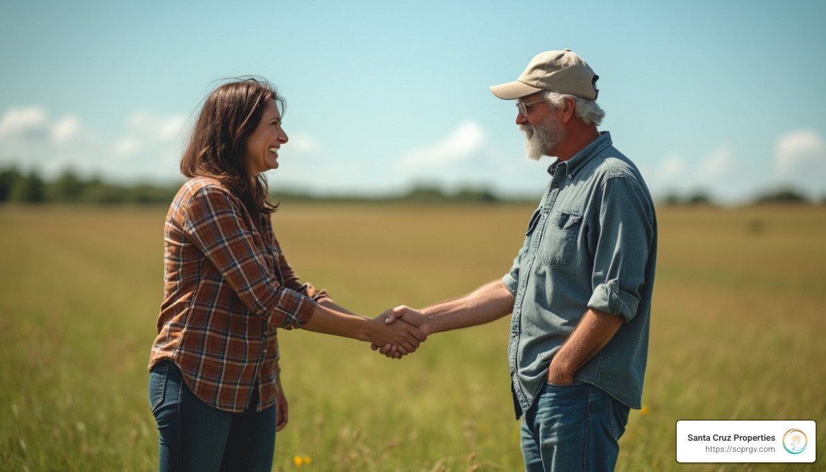 A couple shaking hands with a landowner in an open rural field, symbolizing seller financing for land purchases - how to buy land with bad credit