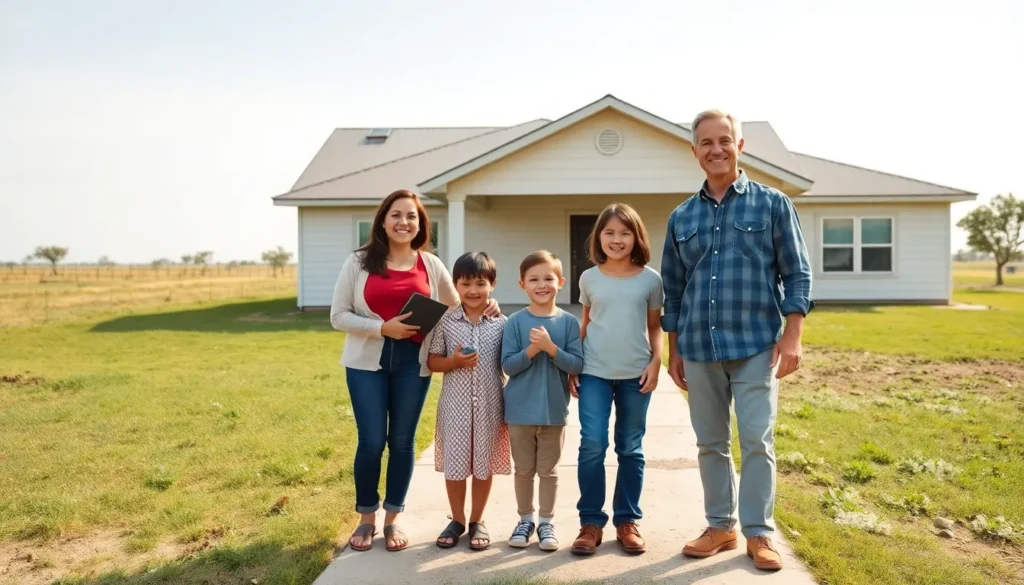 family in front of house- low down payment land contract homes near me