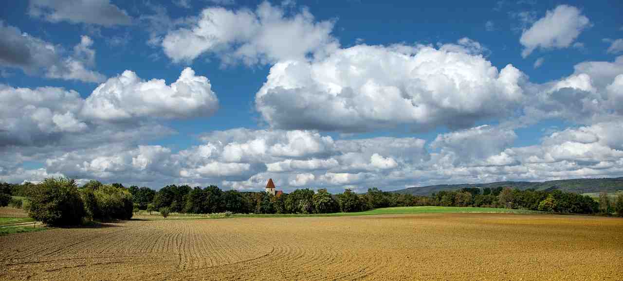 Realistic photo of rural farmland with fertile soil and a clear blue sky, showing agricultural investment potential - cheapest land to buy in usa