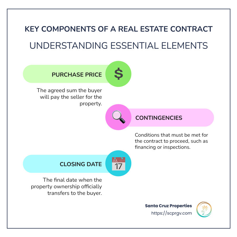 Infographic detailing the essential components of a real estate contract including purchase price, contingencies, and closing date, with concise explanations for each element - real estate contracts explained infographic infographic-line-3-steps-colors