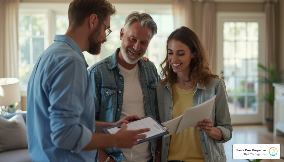 A couple discussing home inspection details with a licensed inspector inside a well-lit home - home buying process for beginners