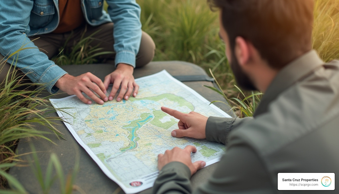 A prospective land buyer examining a property map with a seller, illustrating the negotiation and personalized process in owner carry deals - owner carry land
