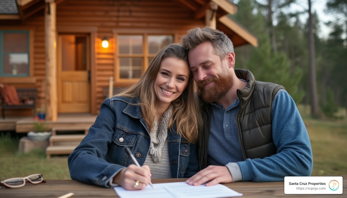 Couple signing a property agreement in front of a cozy, newly purchased cabin, illustrating the success of owner carry land transactions - owner carry land
