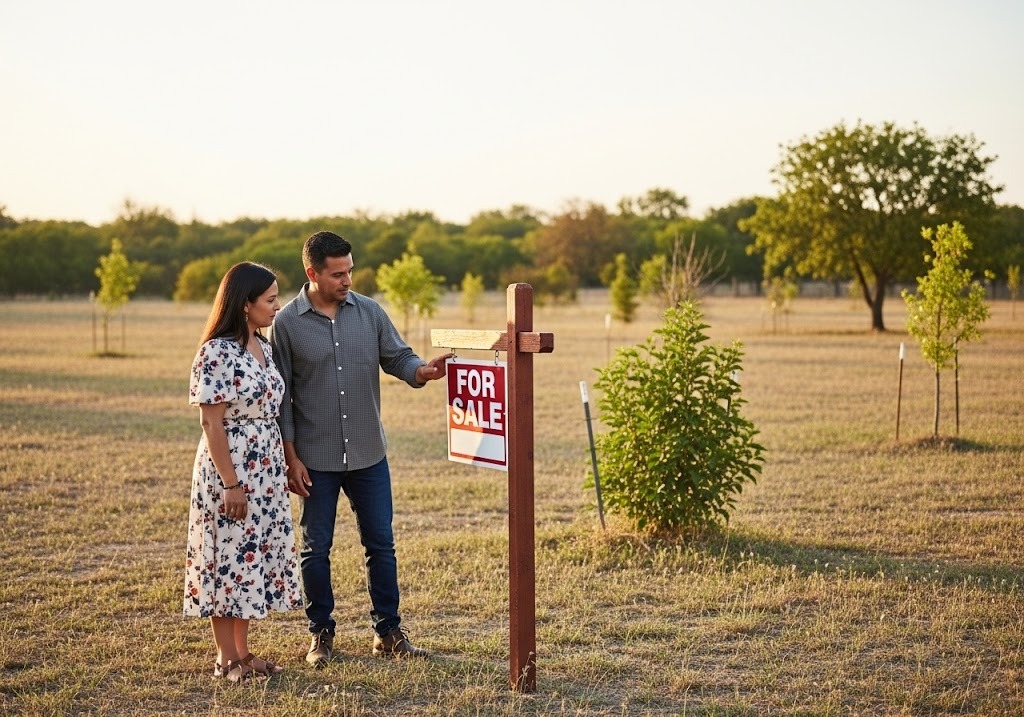 man and woman looking at for sale sign on land - Can Land Ownership Help Me Achieve Independence