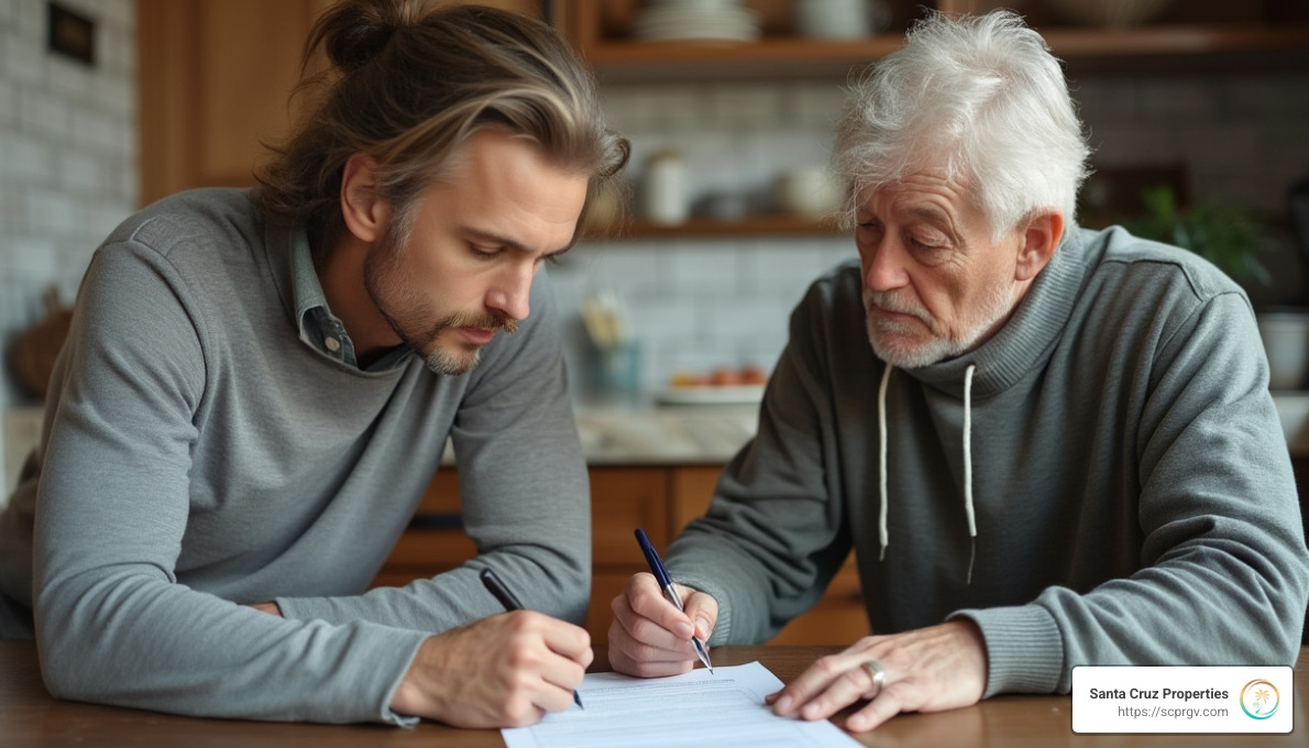 A buyer signing a promissory note at a kitchen table with a seller looking on, representing the legal side of owner financing. - how does owner finance work on a home