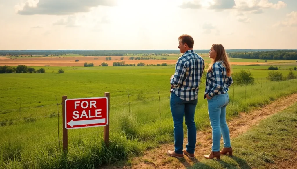 man and woman standing next to for sale sign with arrow pointing to land - Buy Rural Land Through In-House Financing