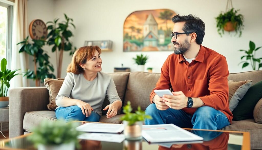 man and woman in living room, documents on table - Texas Land Ownership