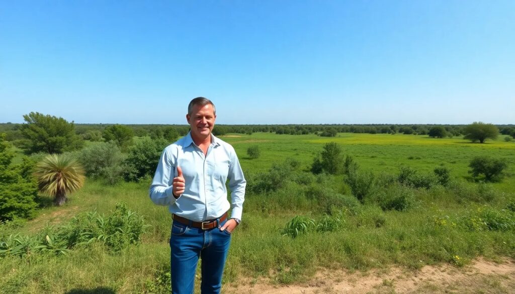 man doing thumbs up sign, in vacant lot - Explore Land Opportunities in Falfurrias or Robstown