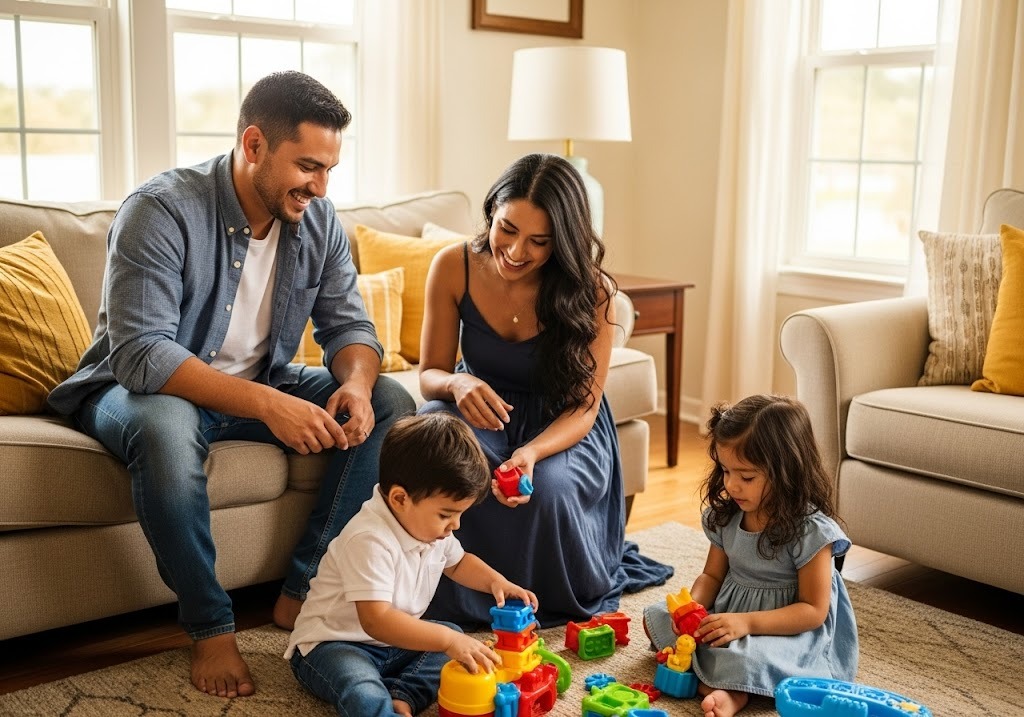 happy family in living room - Can I Build a Home on Owner-Financed Land in Texas?