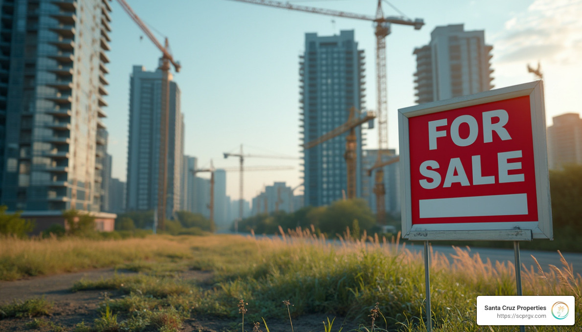 Photo of a 'For Sale' sign on commercial land in a growing urban area - how to buy land for a commercial building