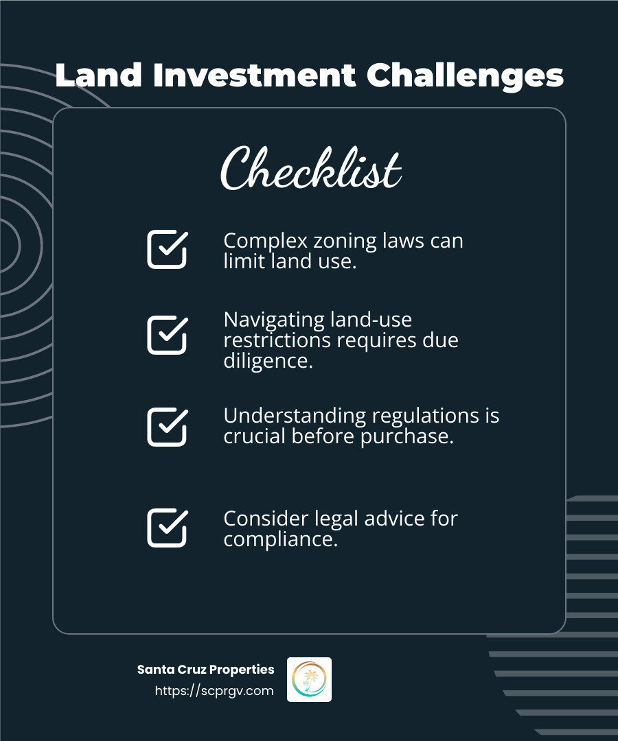 Complex regulations can be a hurdle in land investment. - is buying land a good investment? infographic checklist-dark-blue