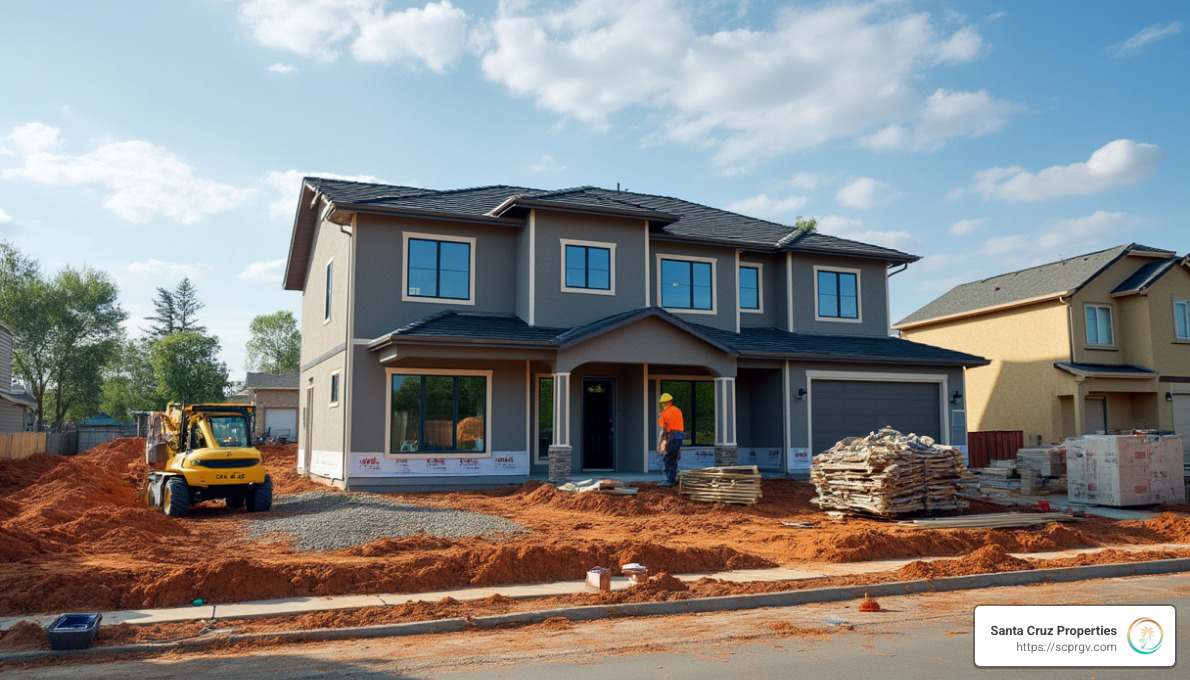 Modern house under construction on a medium-sized lot with construction equipment and workers actively building - how much land do i need to build a house?
