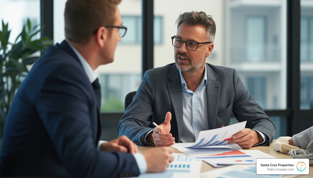 A financial advisor discussing commercial property investment options with a client in an office setting. - how to buy land for a commercial building