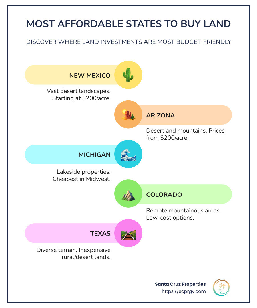 infographic listing cheapest states to buy land in the USA with New Mexico, Arizona, Michigan, Colorado, and Texas featured, along with average per-acre prices and notable land characteristics for each state - cheapest land to buy in usa infographic infographic-line-5-steps-colors