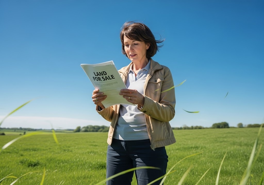 woman looking at document of land for sale - Owner Finance Homes Near Me: Land Ownership Without Credit Hassles