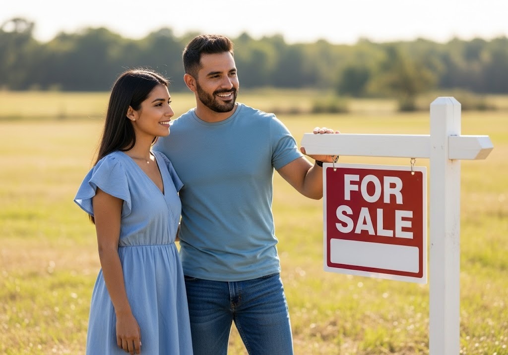 man and woman smiling next to for sale sign - Can Land Ownership Help Me Achieve Independence