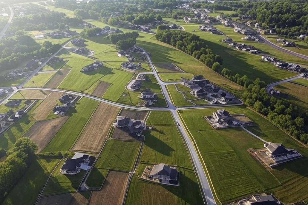 Aerial view of suburban neighborhood with varied lot sizes - how much land do i need to build a house?