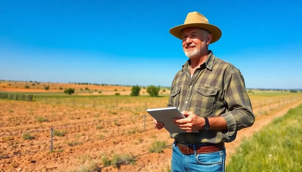 man holding notes outdoors looking at land - Sell land by owner