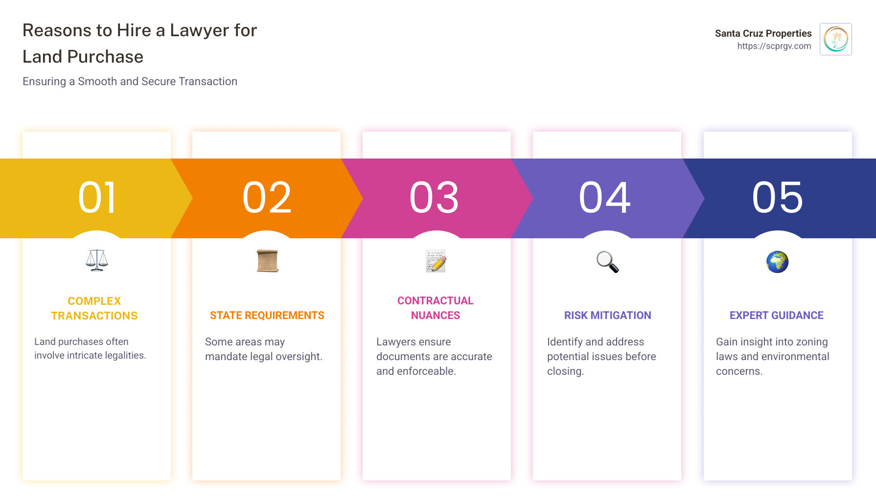 Checklist of reasons to hire a lawyer for land purchase, including legal expertise, transaction complexity, and potential pitfalls - do i need a lawyer to buy land? infographic pillar-5-steps