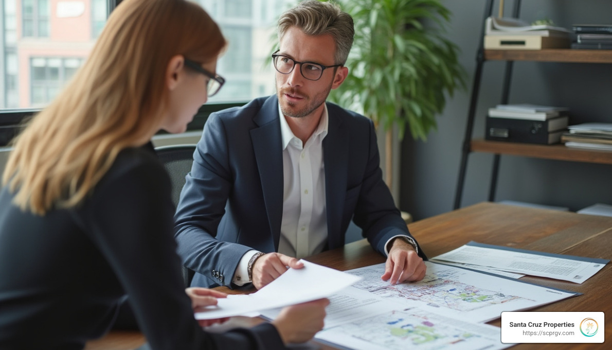 A legal advisor reviewing zoning and property documents with a client in a modern office - how to buy land for a commercial building