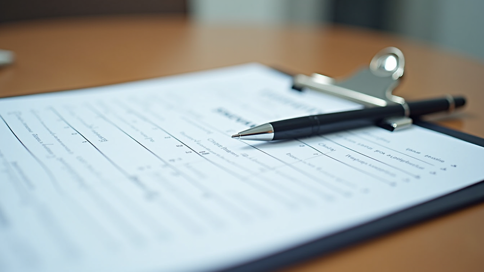 Close-up view of a clipboard with therapy forms and a pen