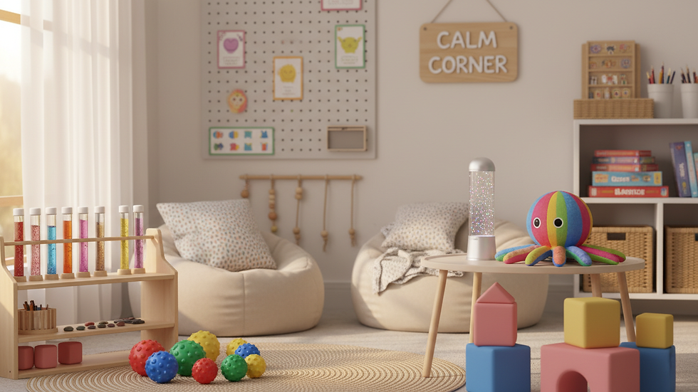 Close-up view of a therapy room set up with sensory toys and learning materials