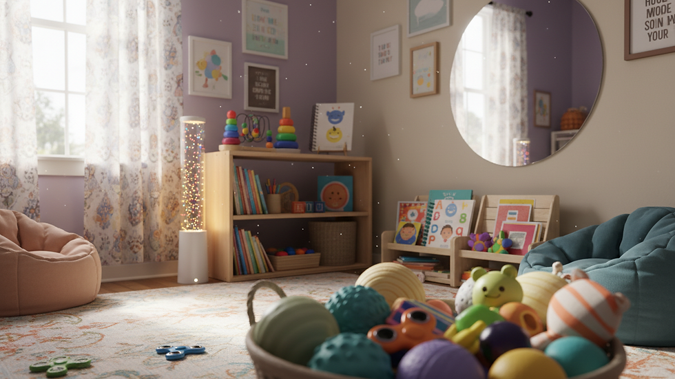 Close-up view of a therapy room with sensory toys and learning materials