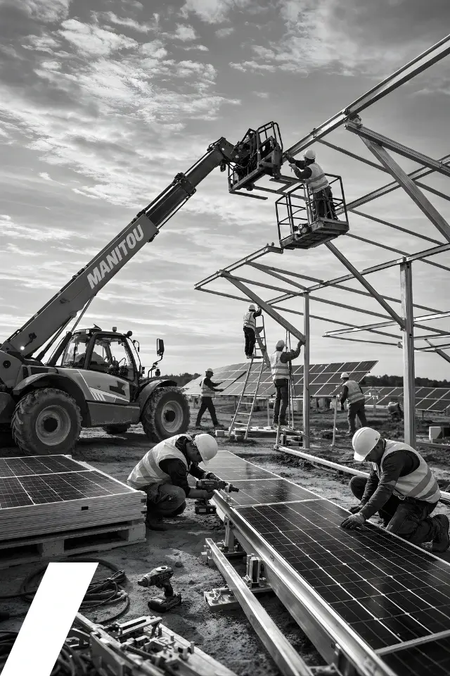 Black-and-white photo of a solar farm under construction with a Manitou telehandler lifting materials while workers install steel mounting structures and solar panels on site.