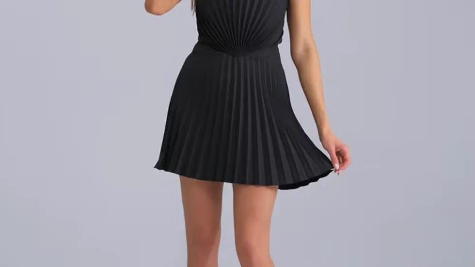 Full-length view of the Pleated Off-Shoulder Mini Dress Shell by REPULO'S. A short, flared skirt and structured bodice for homecoming and parties.