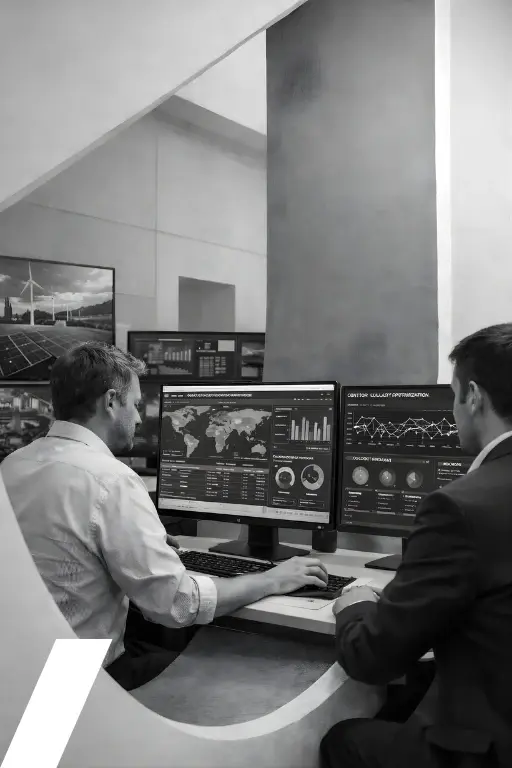 Black-and-white photo of two business professionals working at computer monitors displaying electricity market analytics, performance dashboards and energy optimisation data in a modern office.